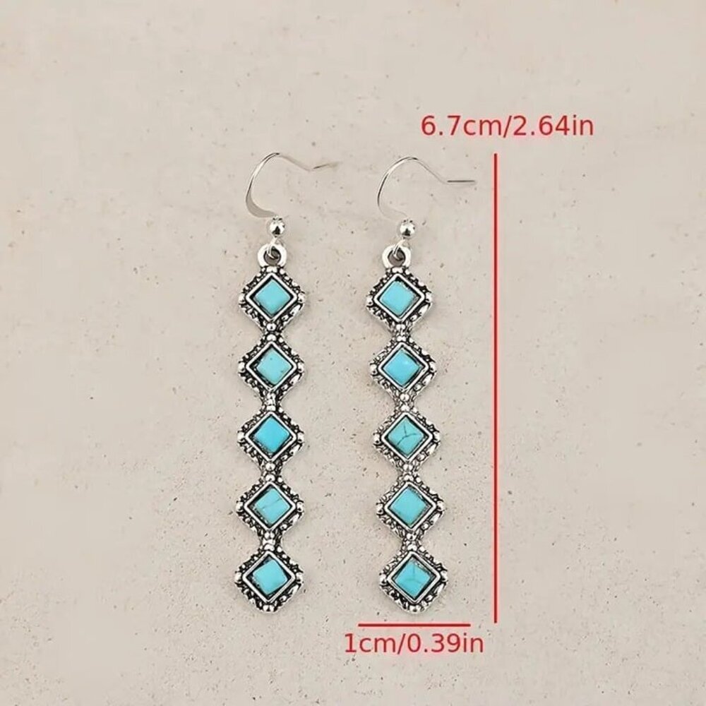 NEW retro long turquoise drop earrings, bohemian jewelry, BOHO turquoise jewelry - Picture 2 of 5